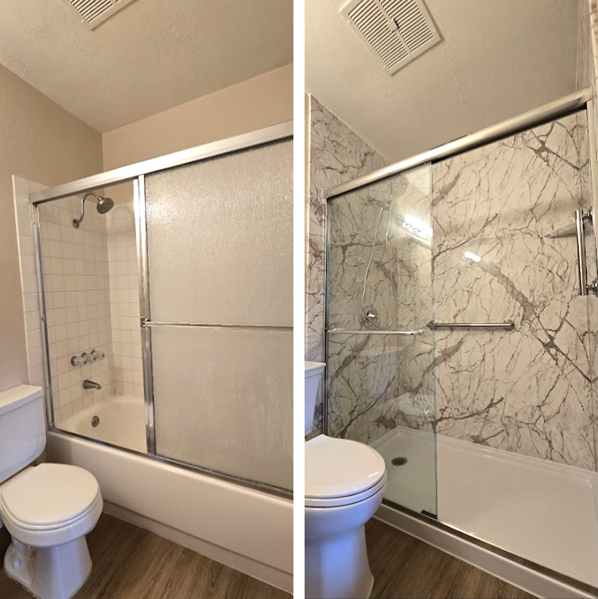 Warm contemporary walk-in shower featuring slip-resistant floor tile and silver hardware.