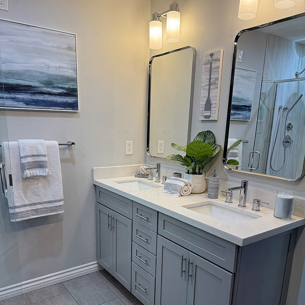 Updated San Marcos guest bathroom with new vanity and improved storage replacing builder-grade finishes